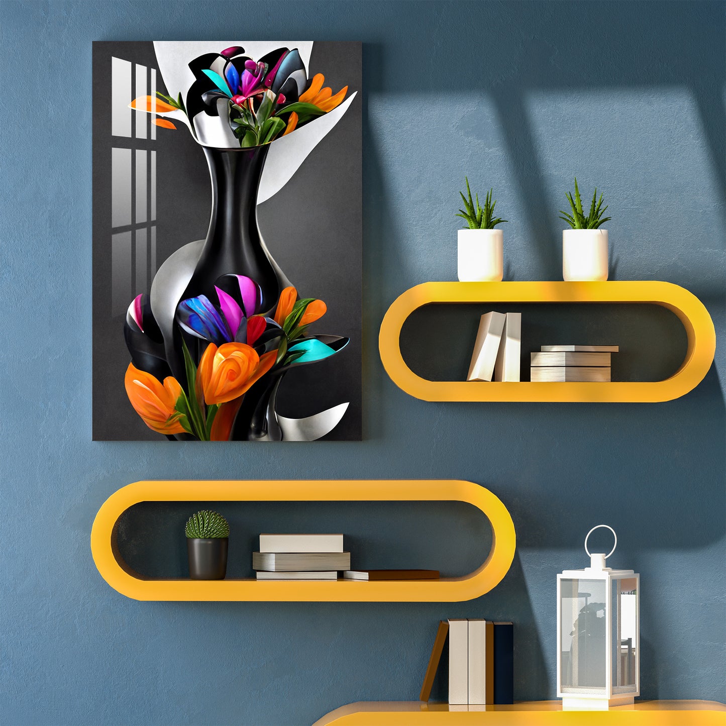 Vibrant Flowers in Black vessel Acrylic Wall Art