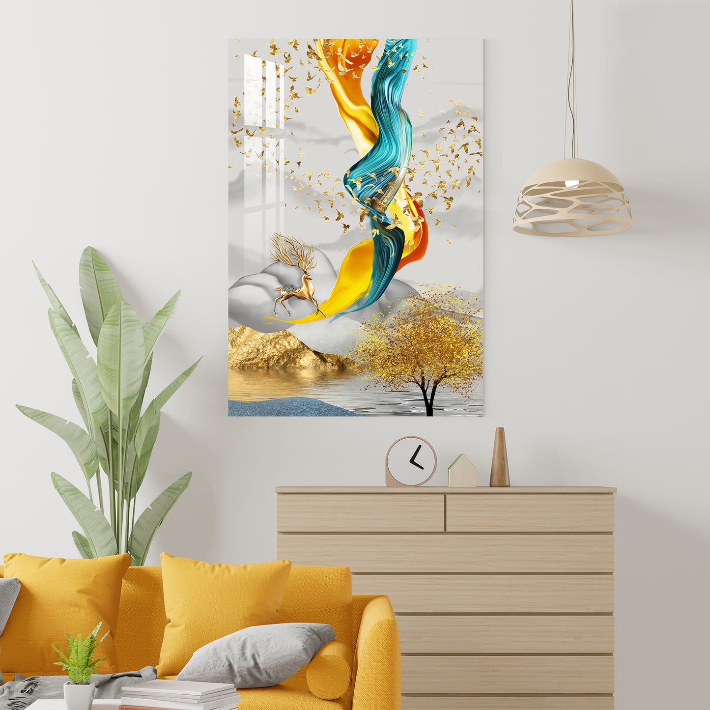 Flying Golden Birds Landscape Acrylic Wall Art