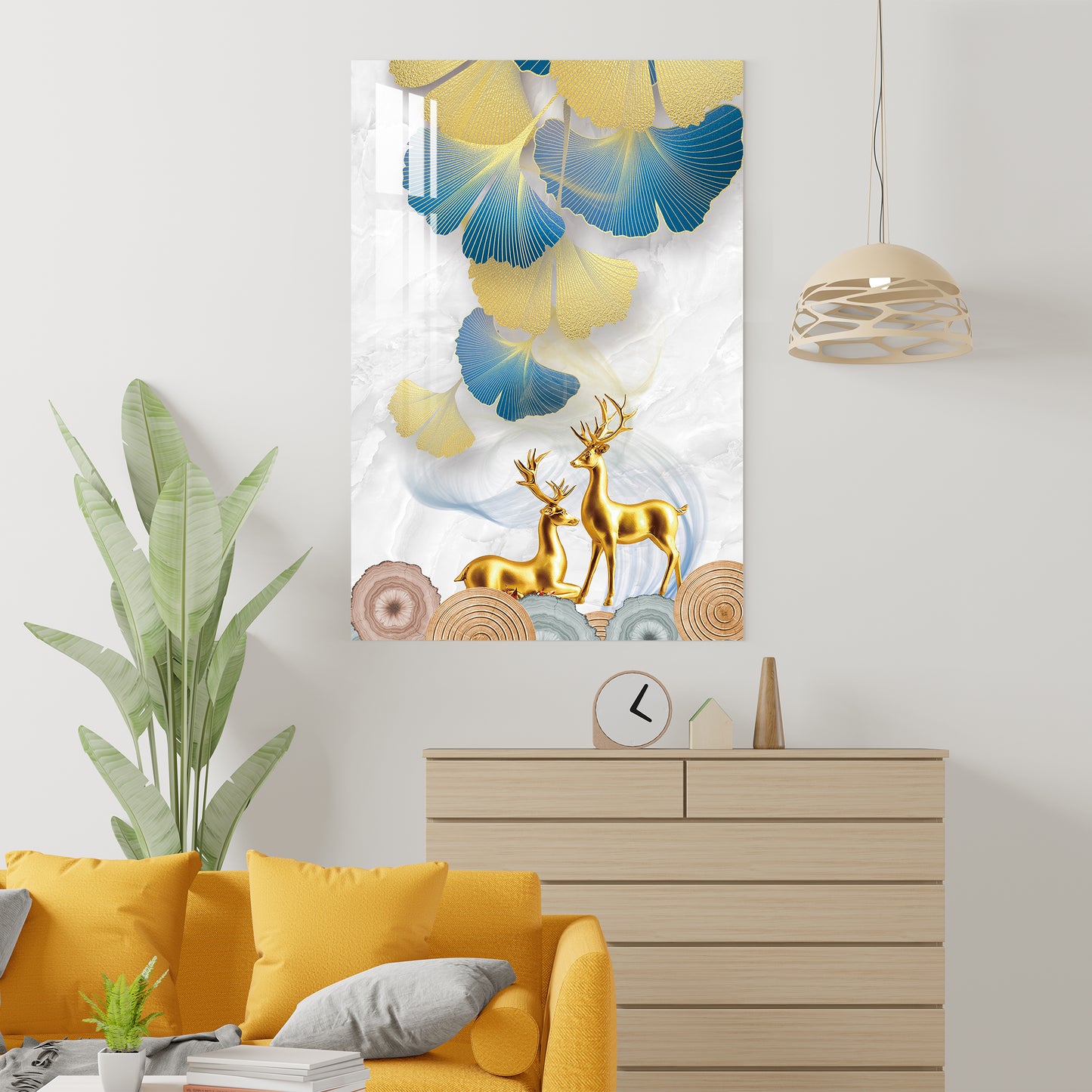 Golden Deers With Leaves Acrylic Wall Art