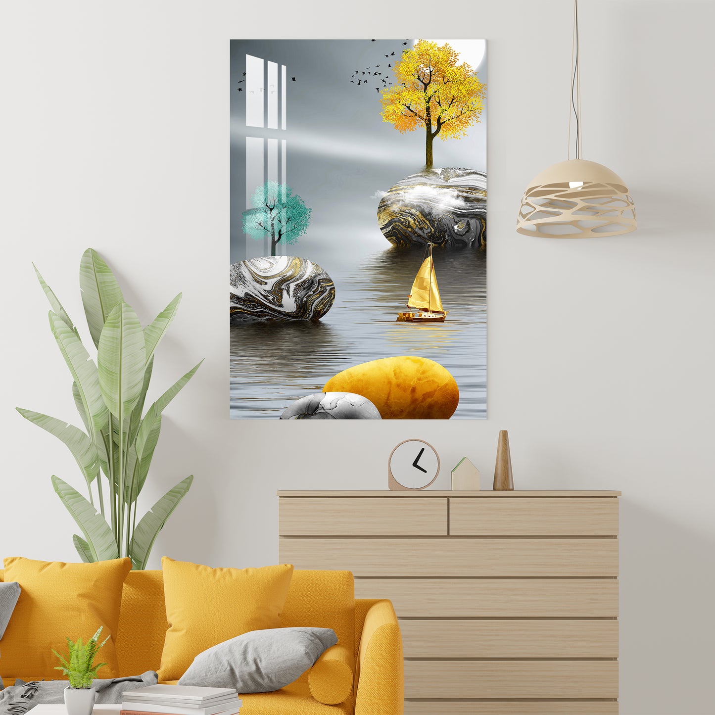 Golden Boat & Golden Tree Acrylic Wall Art