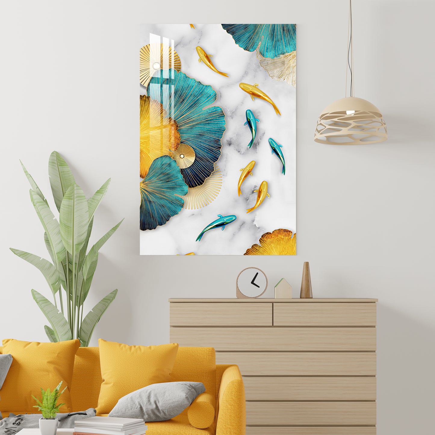 Blue & Golden Fishes With Leaves Acrylic Wall Art