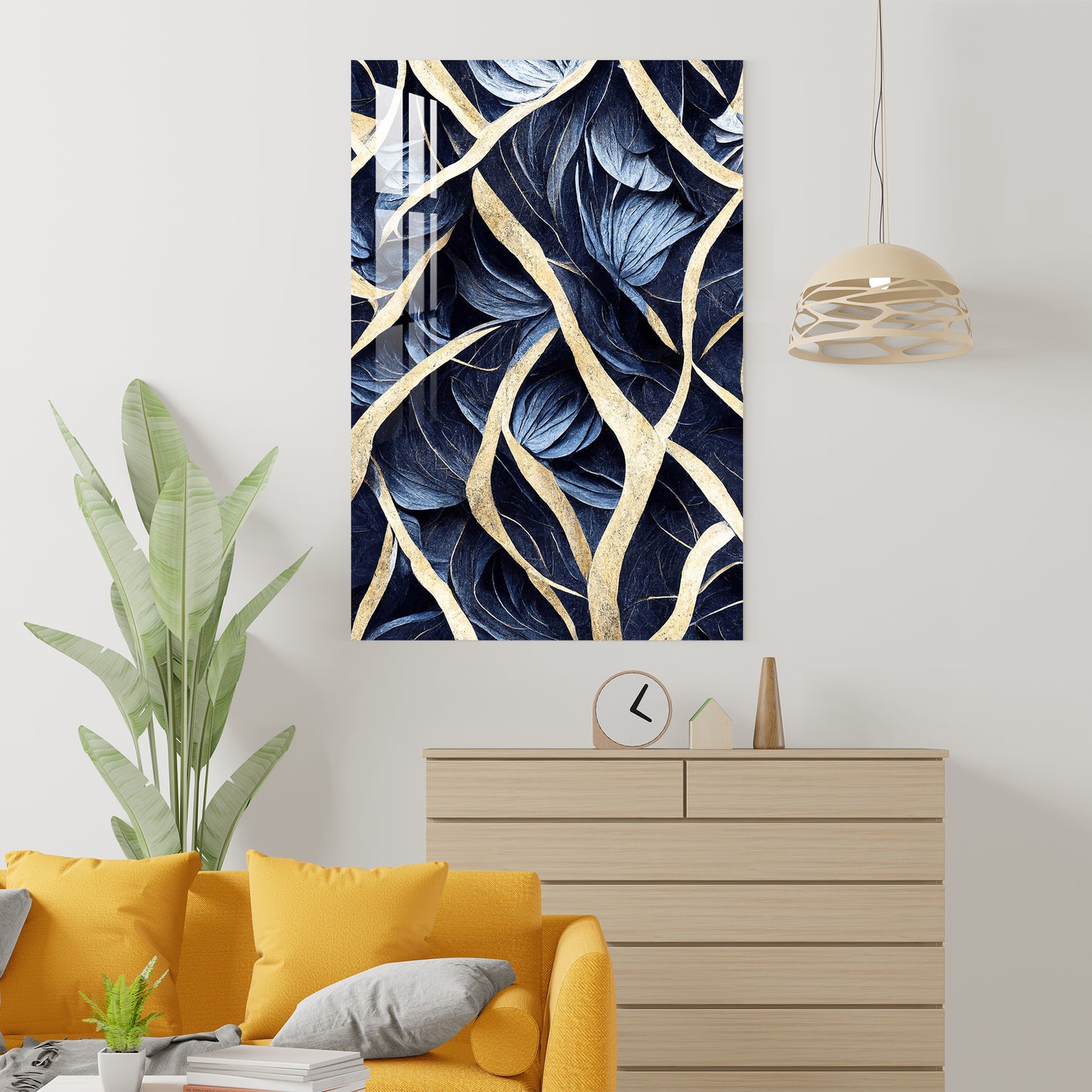 Golden Blue Abstract Lines Acrylic Wall Art