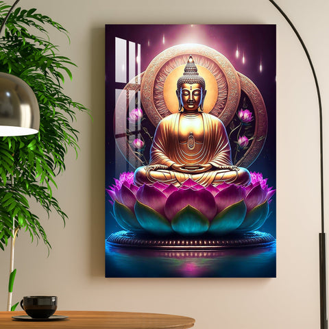 Lord Buddha With Lotus Acrylic Wall Art - 23.5X16 inches / 5MM