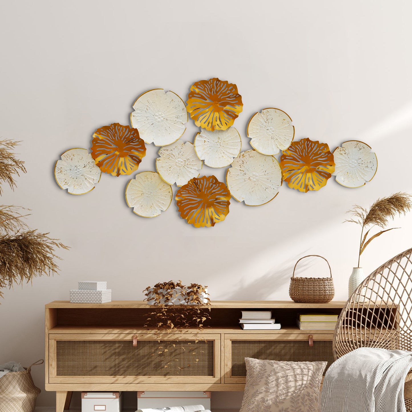 Elegant Golden & White Floral Metal Wall Art