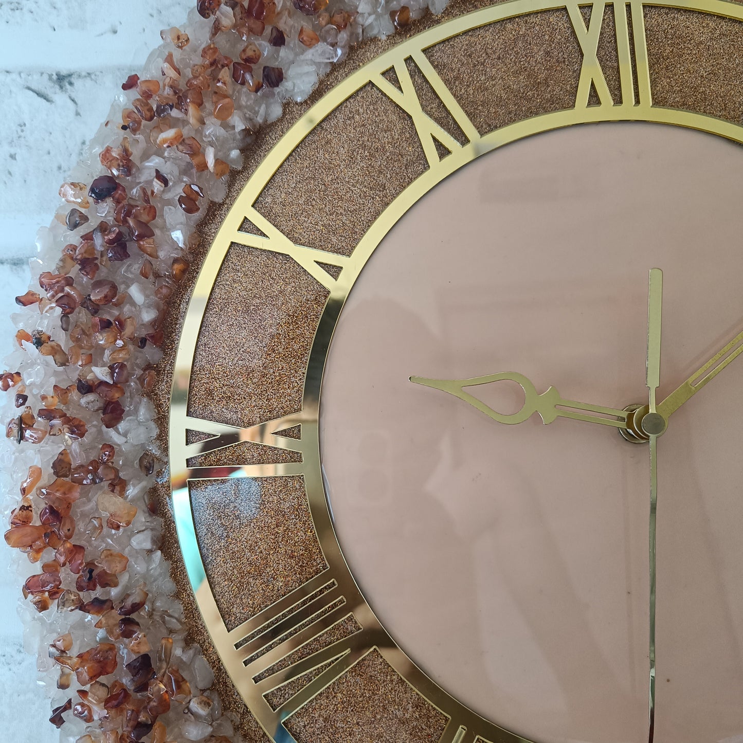 Ultimate Gold and Pink With Brown and White Stone Epoxy Resin Wall Clock