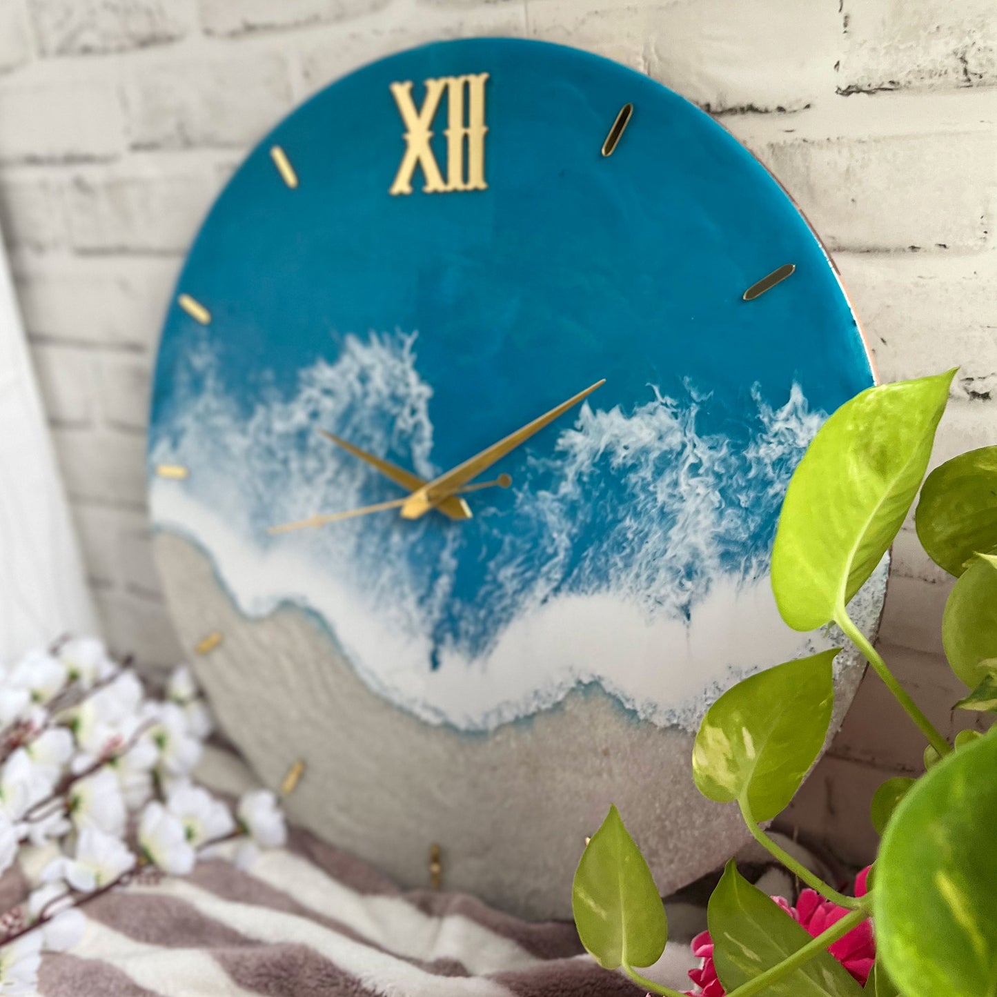 Light Blue Ocean Waves Epoxy Resin Wall Clock