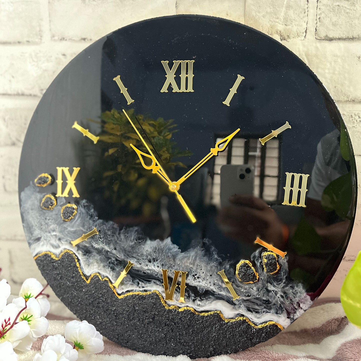 Dark Black Glitter Epoxy Resin Wall Clock