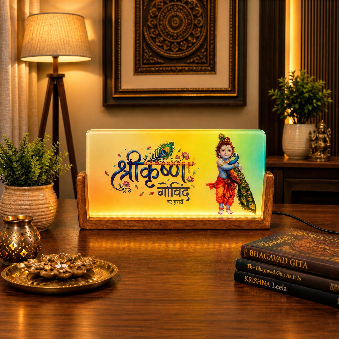 Shree Krishna Acrylic LED Table Lamp - Wooden Stand