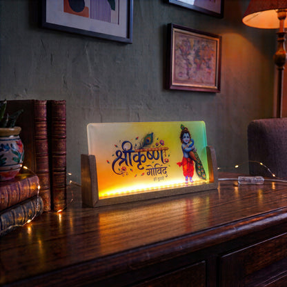 Shree Krishna Acrylic LED Table Lamp - Wooden Stand