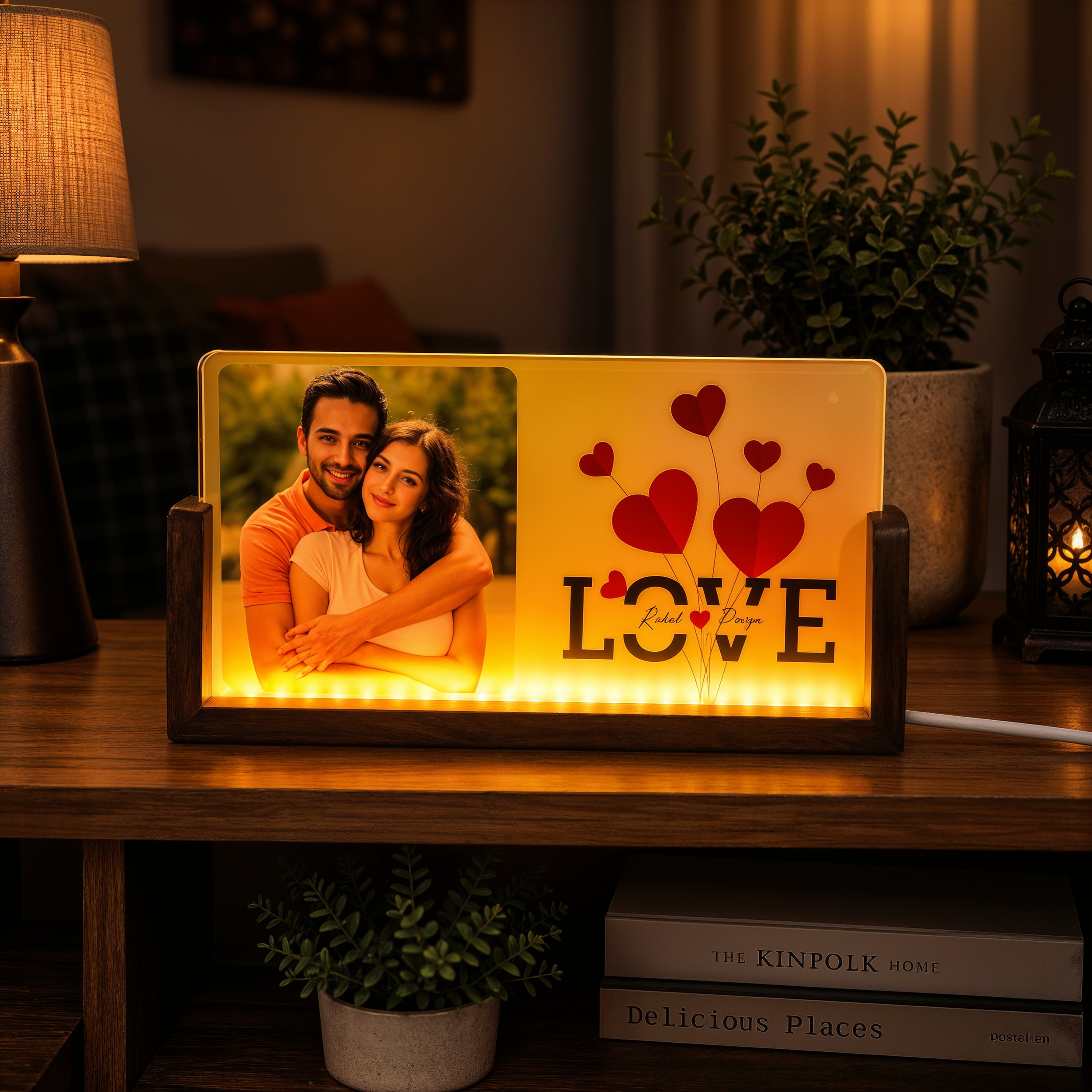 Together With Love Acrylic LED Table Lamp - Wooden Stand