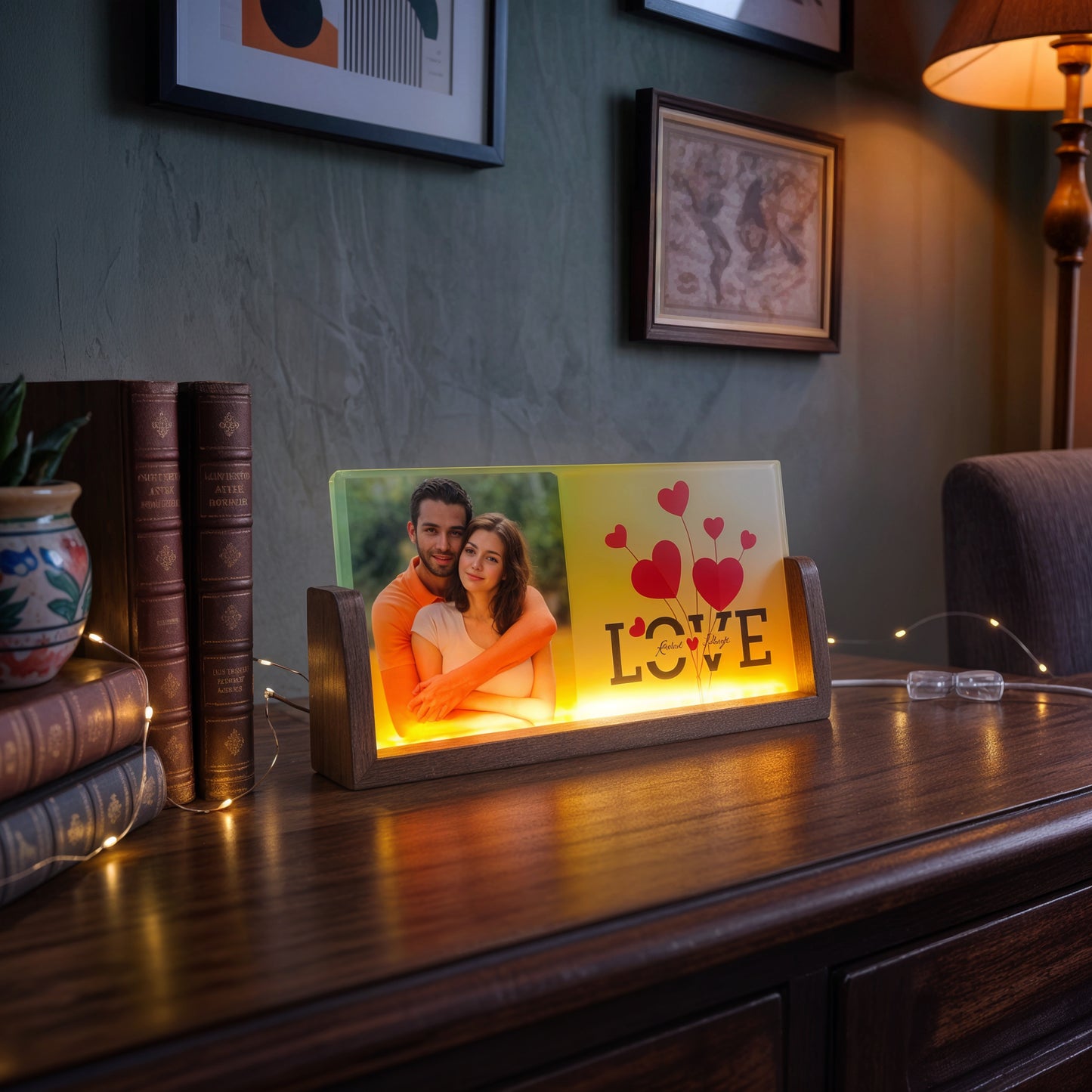 Together With Love Acrylic LED Table Lamp - Wooden Stand
