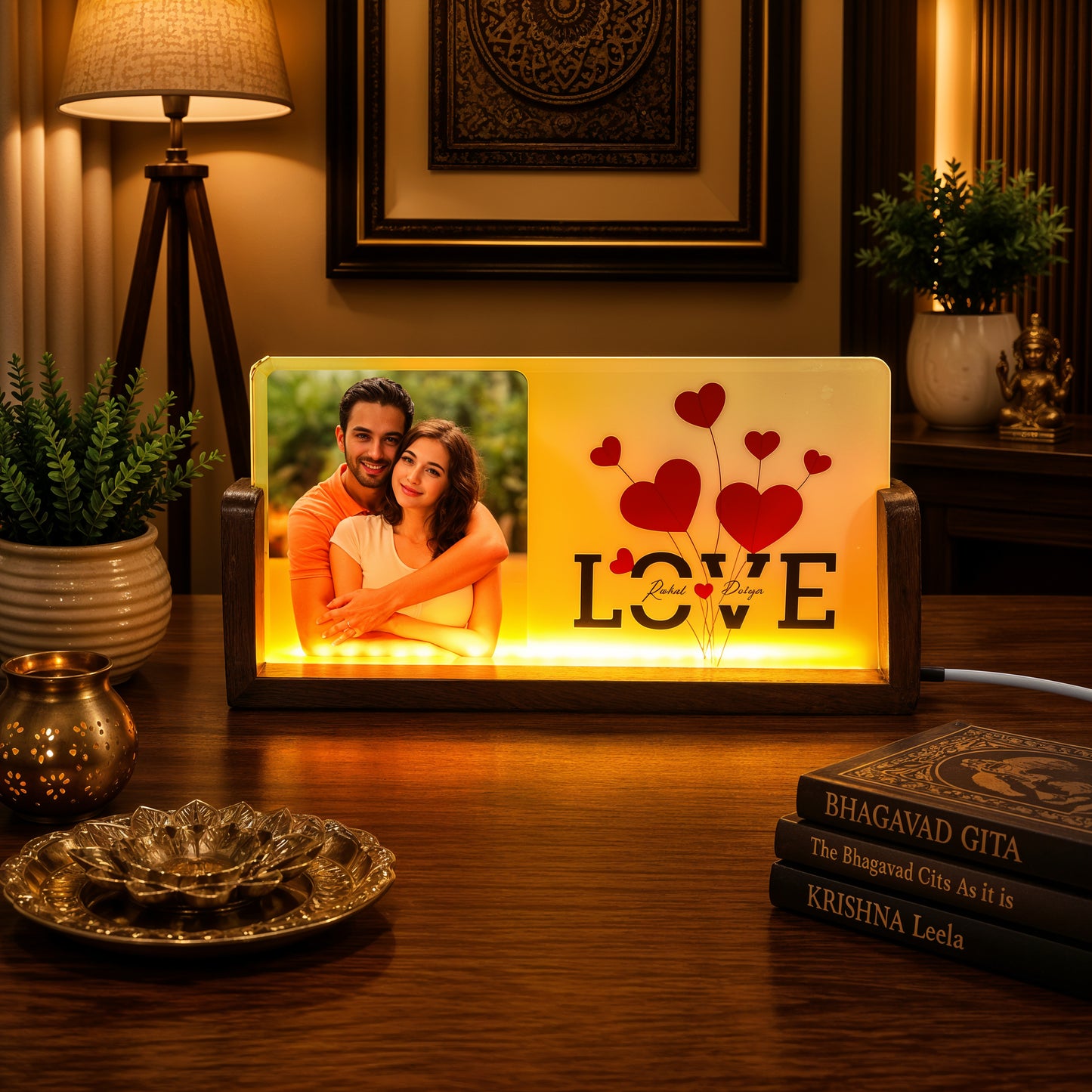 Together With Love Acrylic LED Table Lamp - Wooden Stand