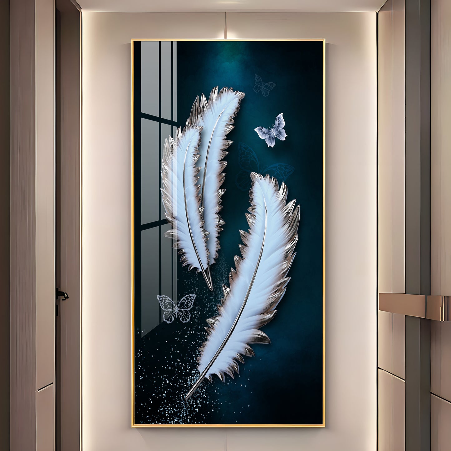 Magical Feathers With Butterfly Premium Acrylic Vertical Wall Art