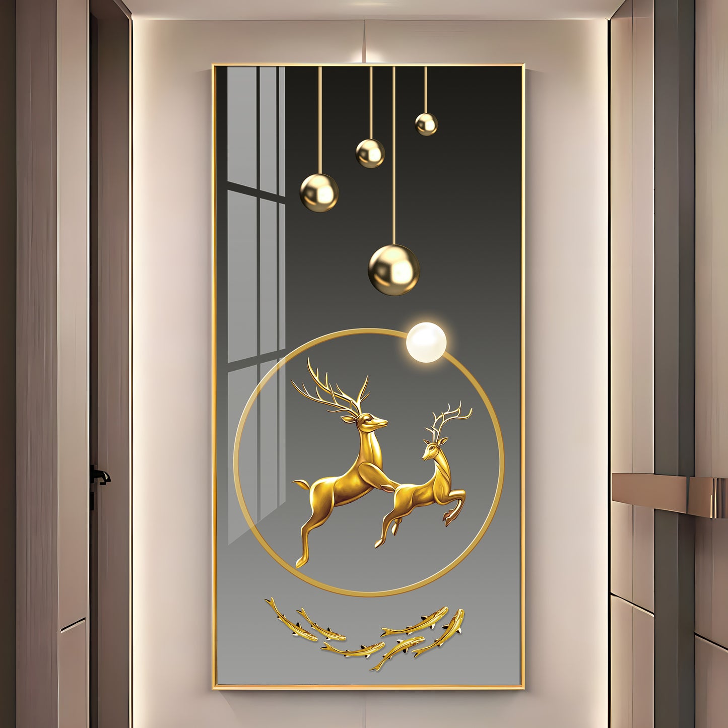 Dancing Golden Reindeer Premium Acrylic Vertical Wall Art