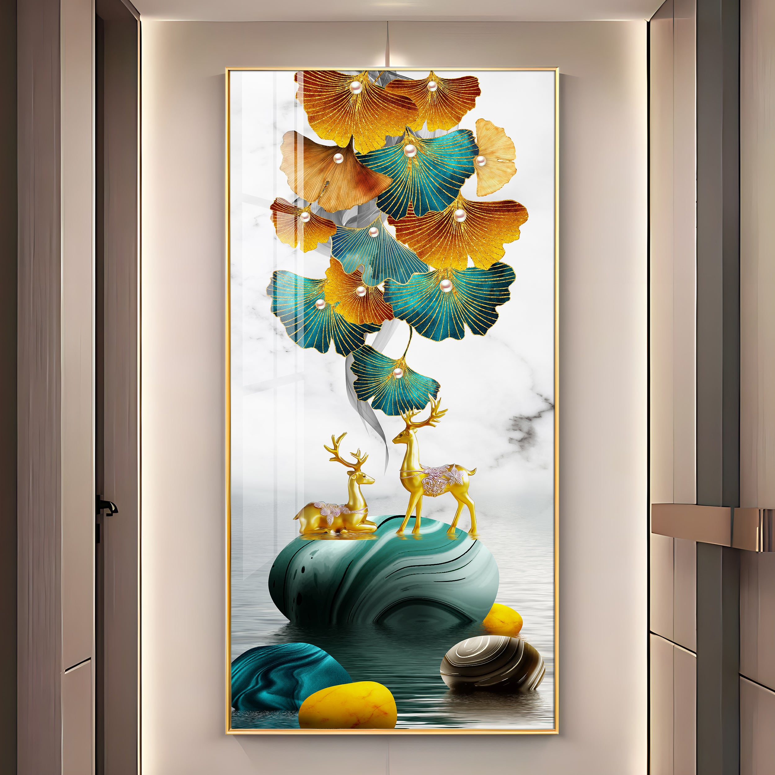 Deer With Ginkgo Leaves Premium Acrylic Vertical Wall Art
