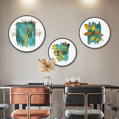 Golden Tree and Leaves Premium Acrylic Round Wall Art (Set of 3)