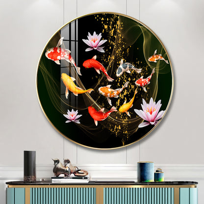 Colorful Koi In Motion Premium Acrylic Round Wall Art