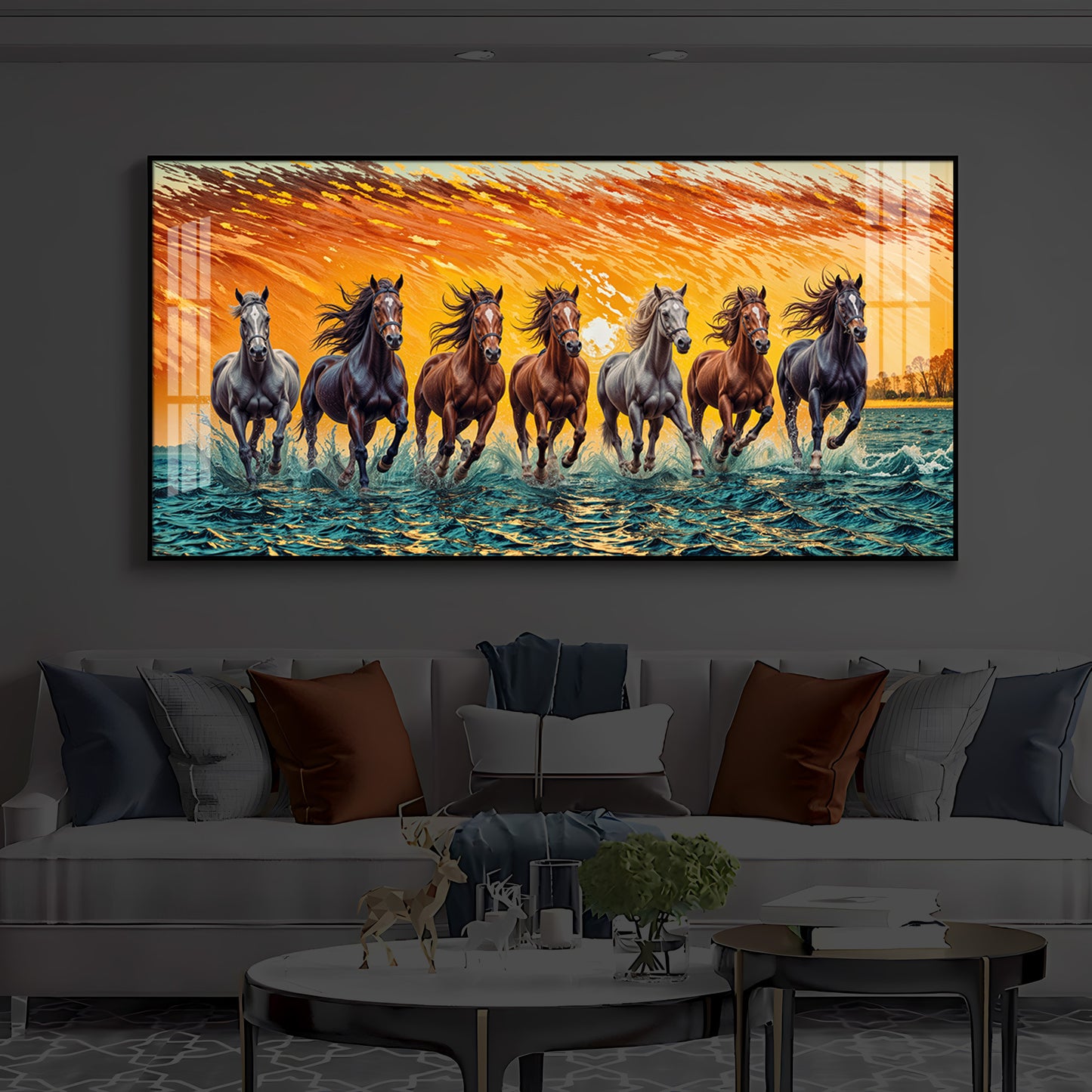 Seven Running Horses Modern Luxury Backlight Horizontal Wall Art
