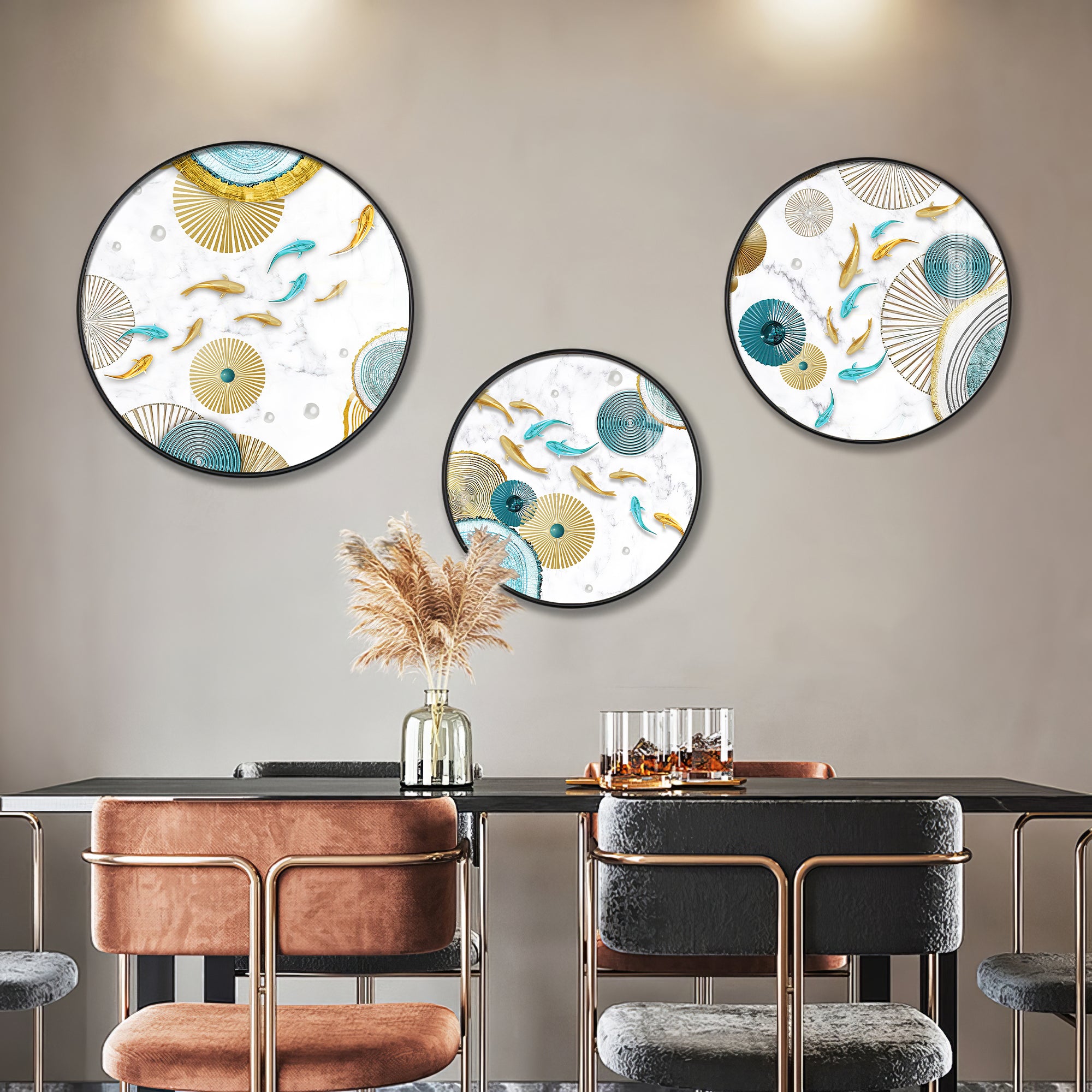 Koi Fish In Blue & Gold Premium Acrylic Round Wall Art (Set of 3)