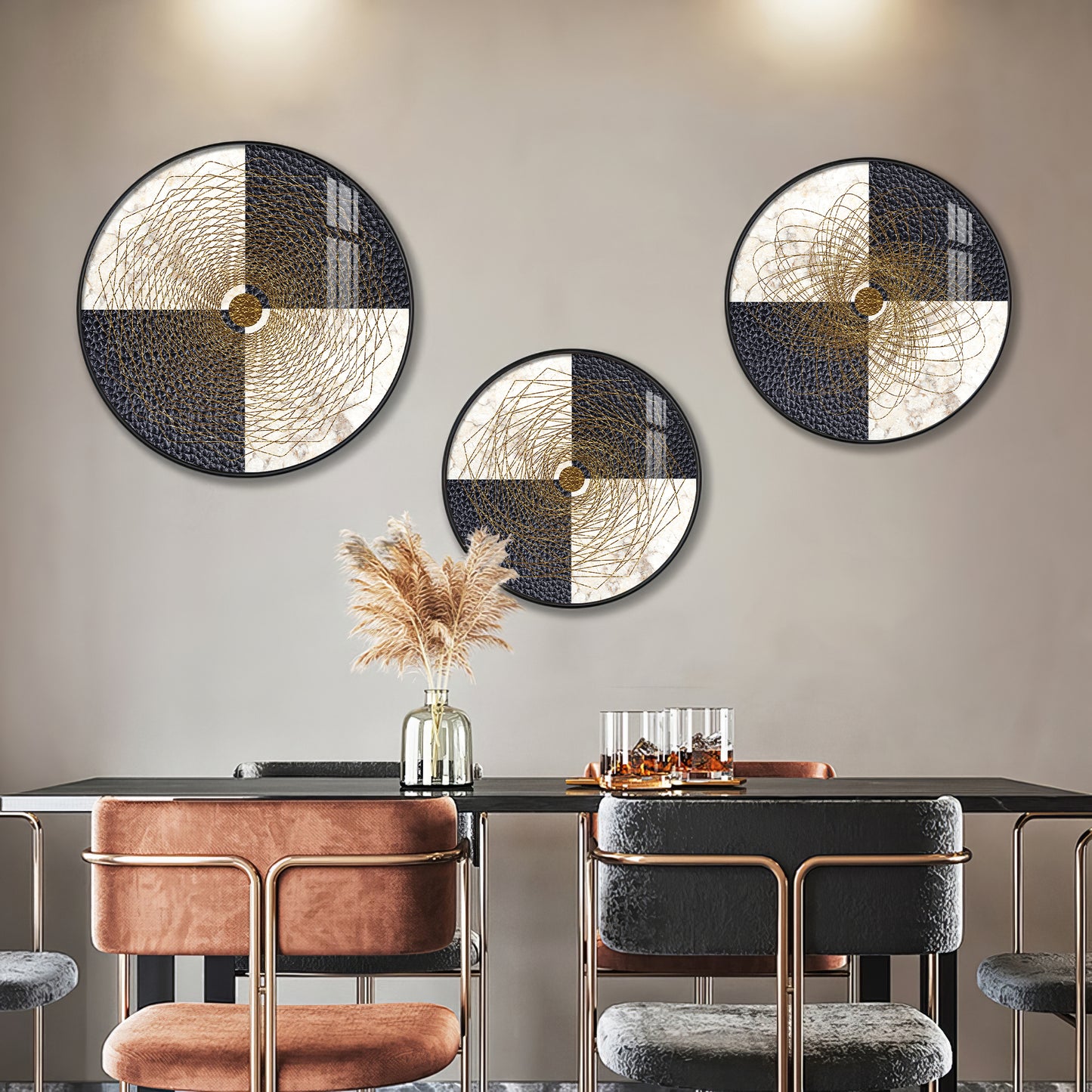 Spiral Line In Golden Premium Acrylic Round Wall Art (Set of 3)