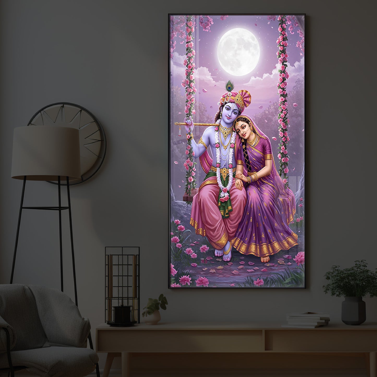 Loving Radha Krishna Modern Luxury Backlight Vertical Wall Art