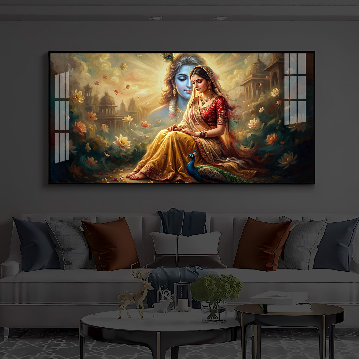 Loving Couple Radha Krishna Modern Luxury Backlight Horizontal Wall Art