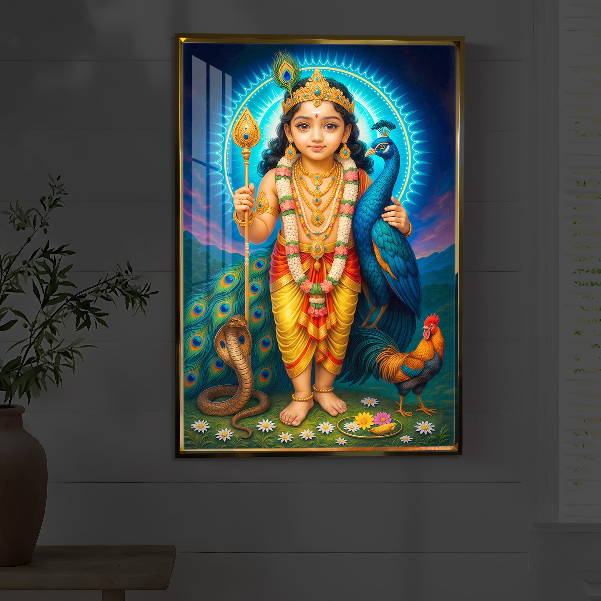 Lord Murugan Ji Modern Luxury Backlight Vertical Wall Art