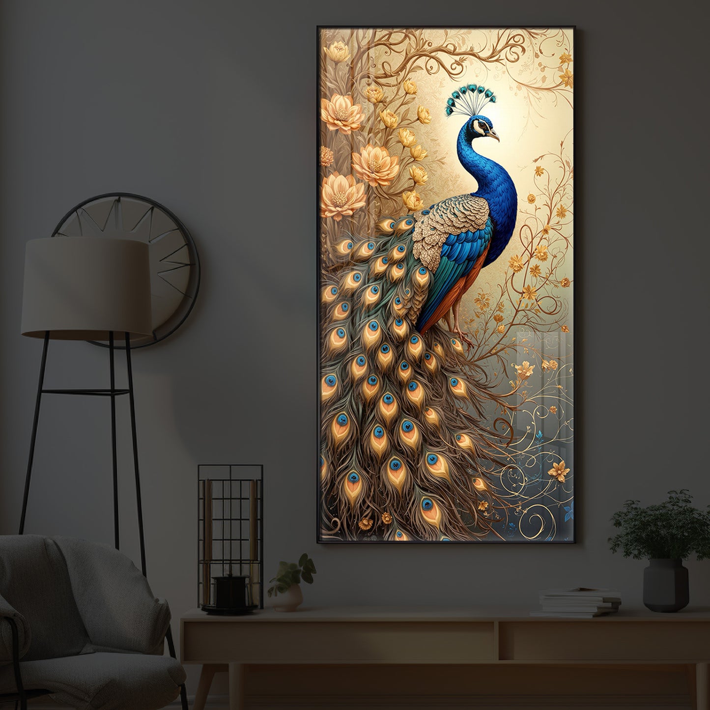 Beautiful Peacock Modern Luxury Backlight Vertical Wall Art