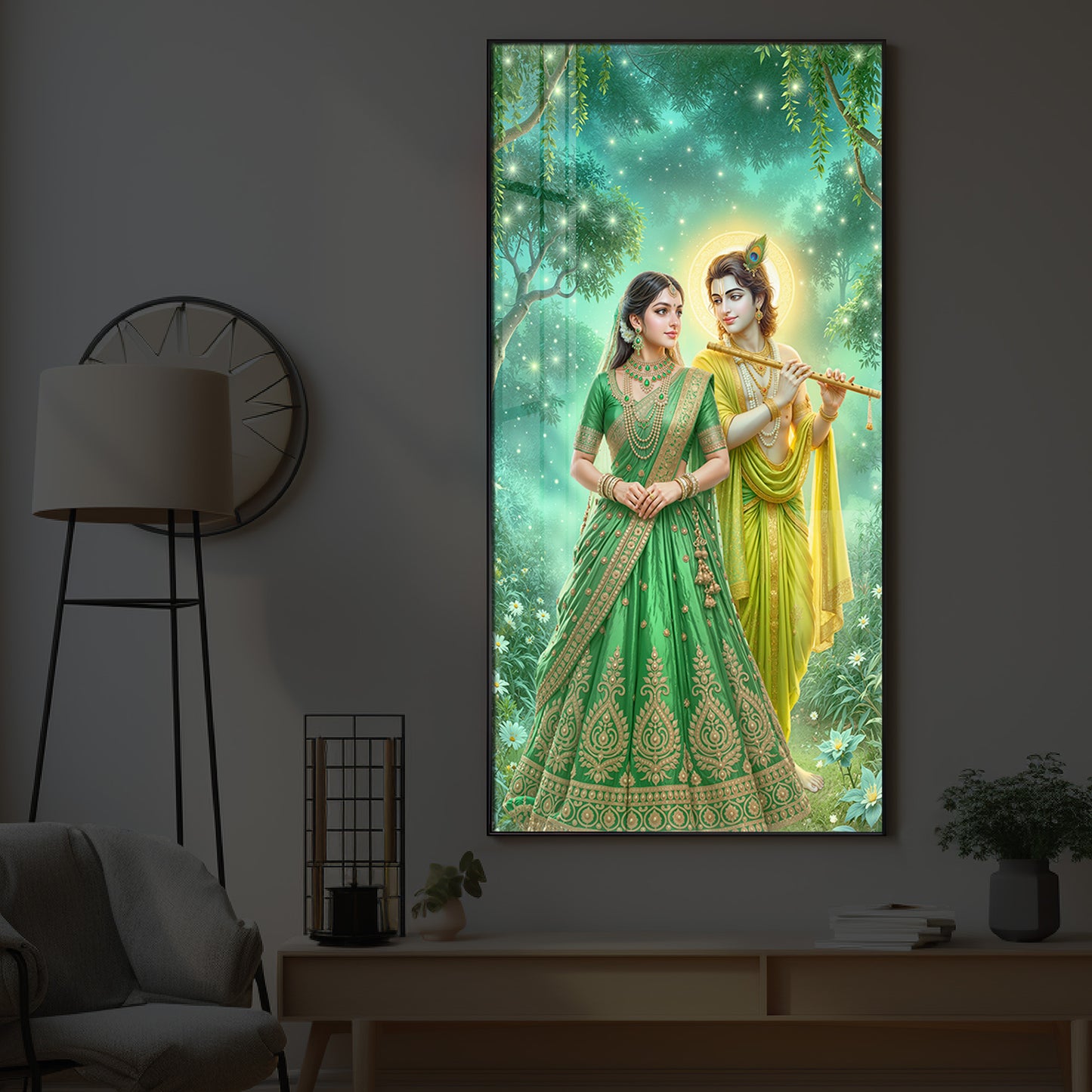 Shri Radhe Krishna Modern Luxury Backlight Vertical Wall Art