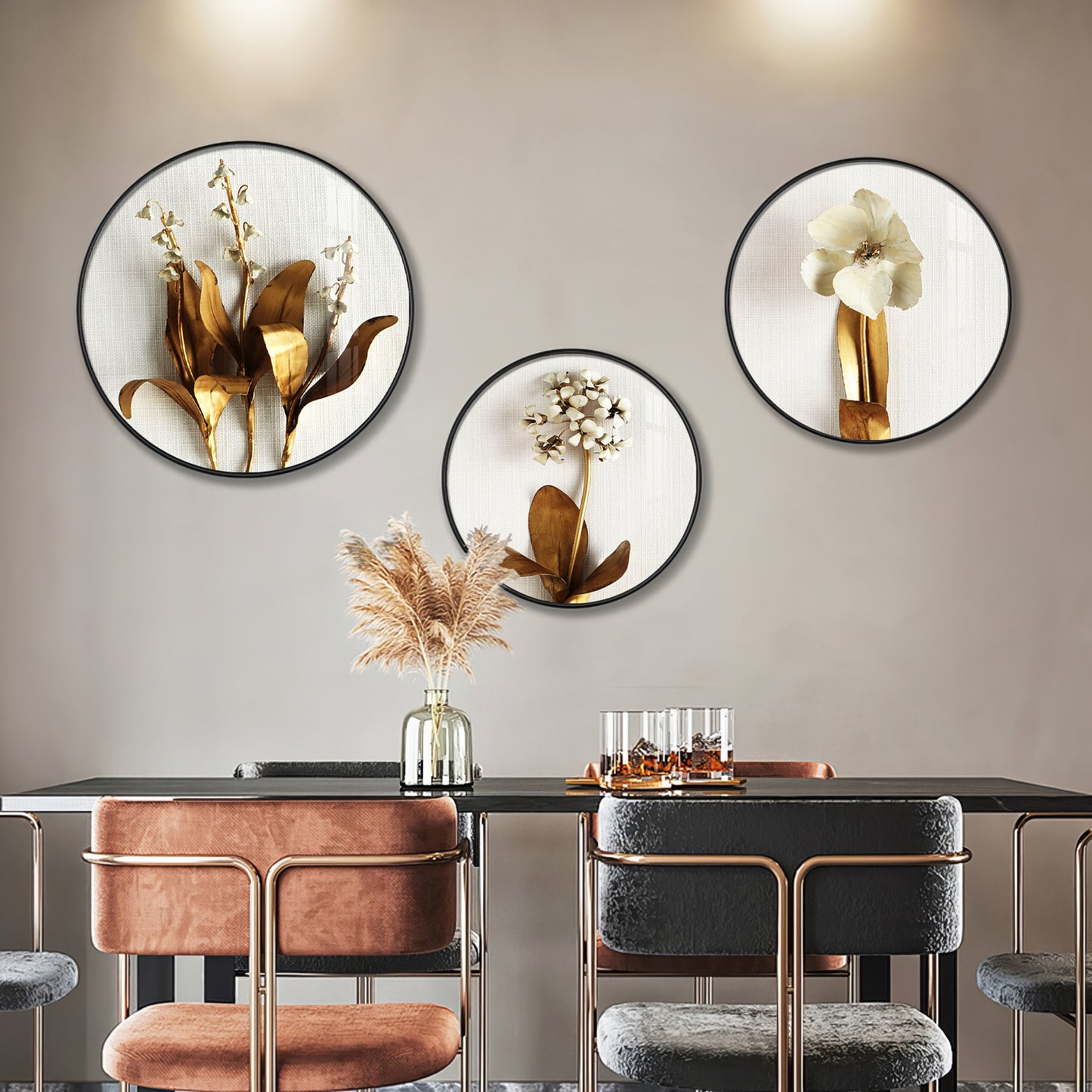 Golden Petals Premium Acrylic Round Wall Art (Set of 3)