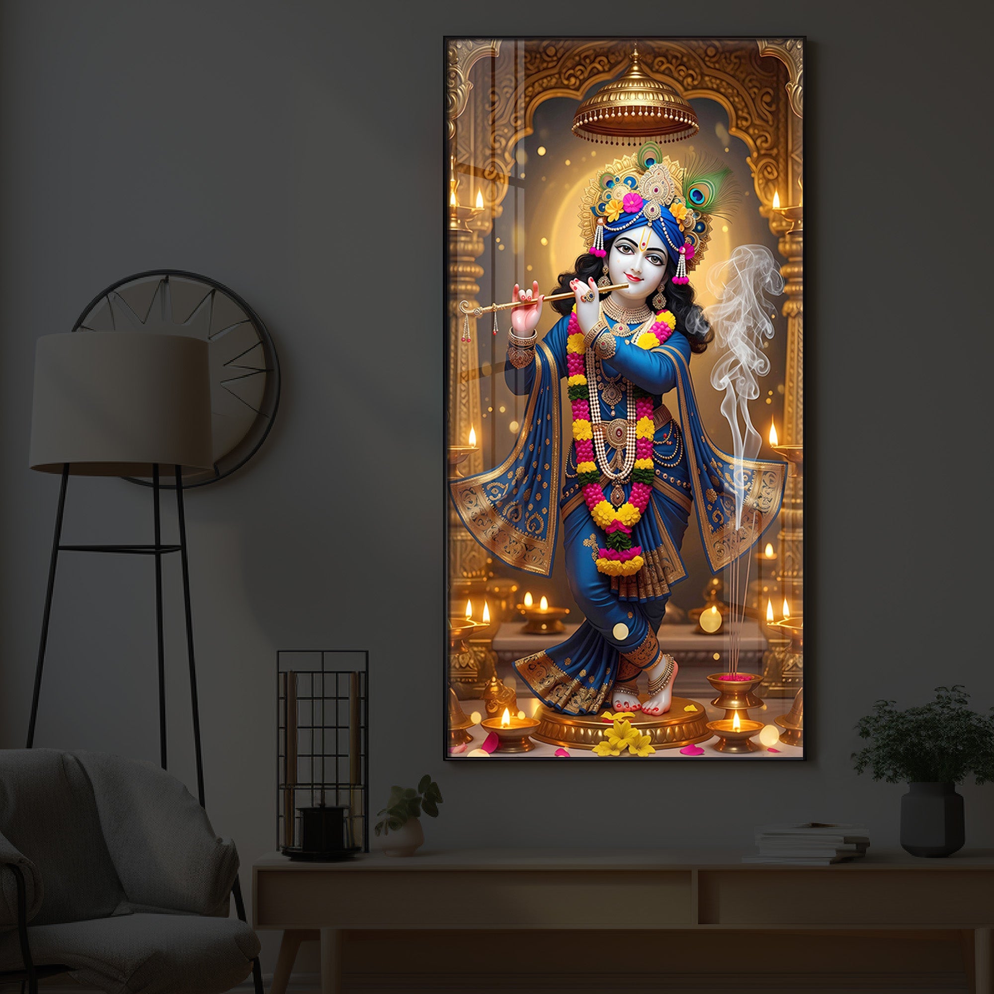 Lord Krishna Ji Modern Luxury Backlight Vertical Wall Art