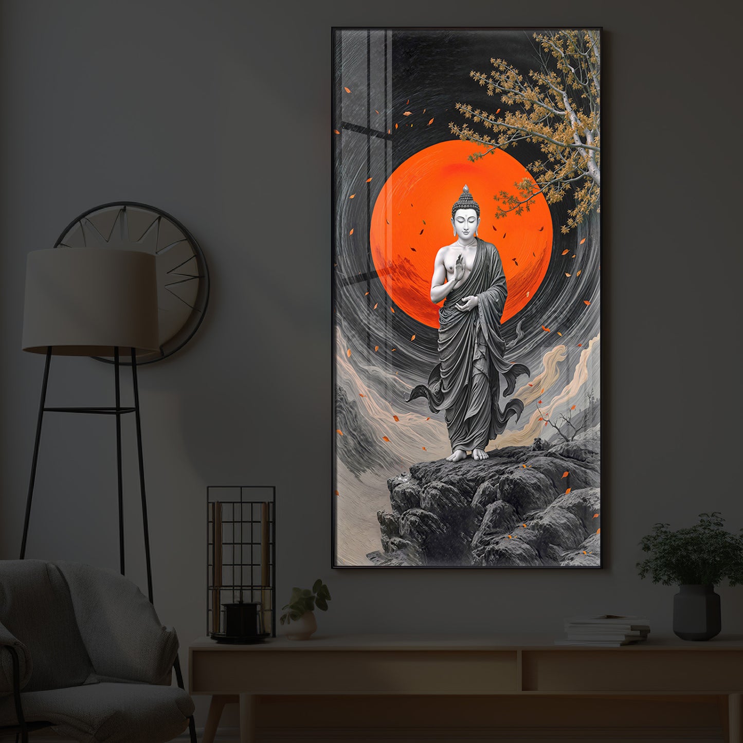 Namo Buddhay Modern Luxury Backlight Vertical Wall Art