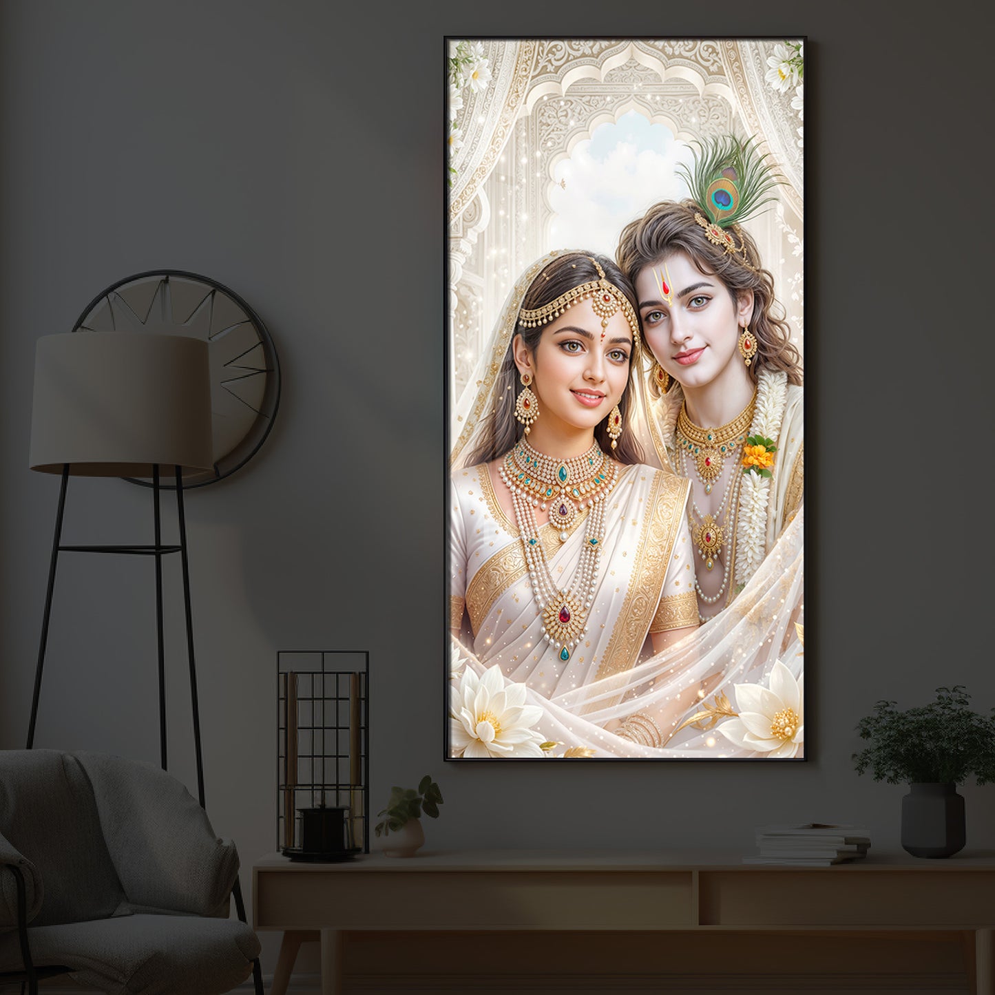 Mystical Love Of Radhe Krishn Modern Luxury Backlight Vertical Wall Art