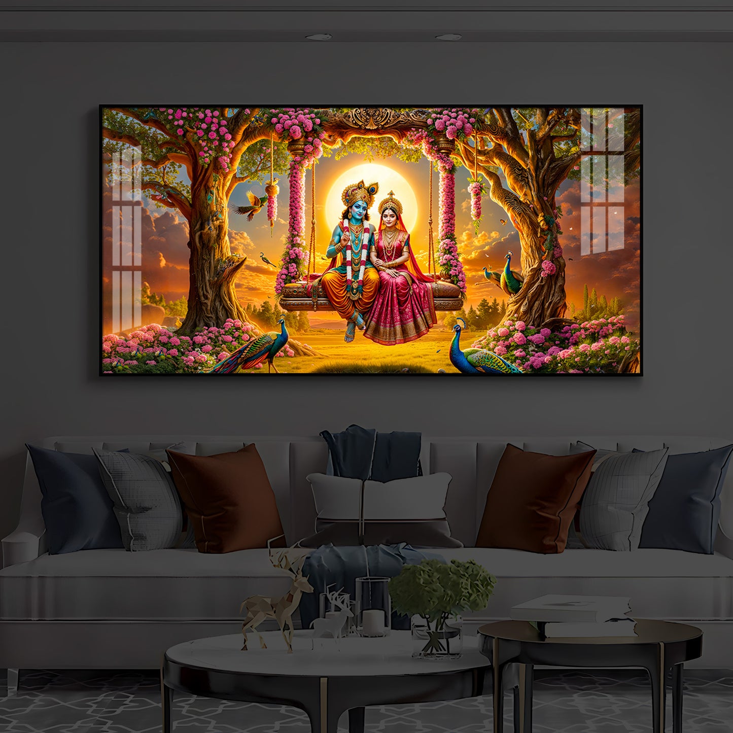Loving Couple Lord Radha Krishna Modern Luxury Backlight Horizontal Wall Art