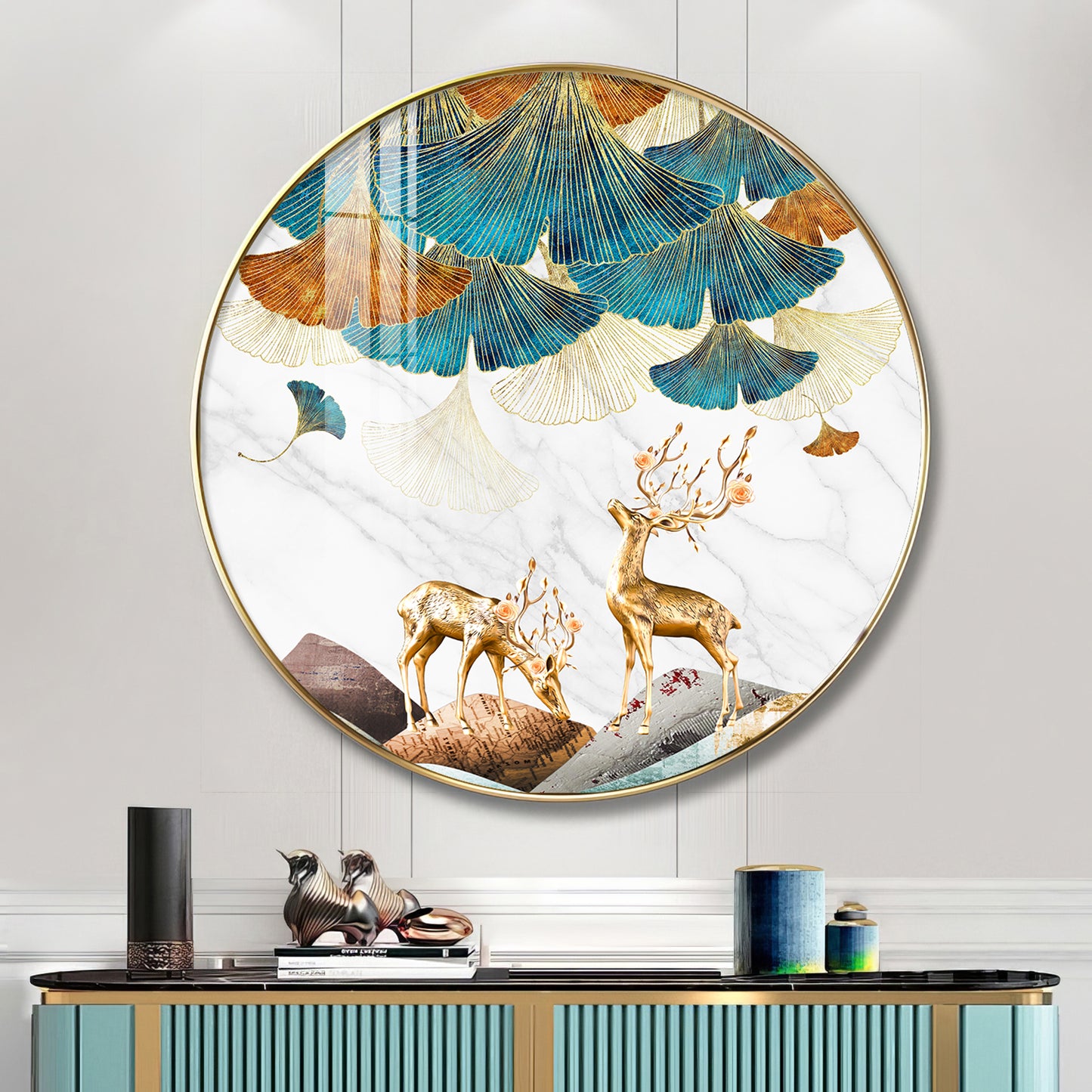Deer and Leaves Premium Acrylic Round Wall Art