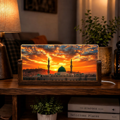 Holy Madina Sharif Acrylic LED Table Lamp - Wooden Stand