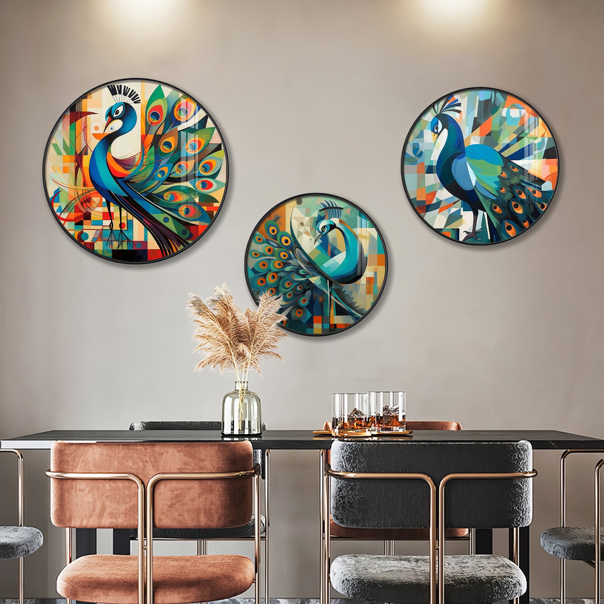 Colorful Peacock Abstract Premium Acrylic Round Wall Art (Set of 3)