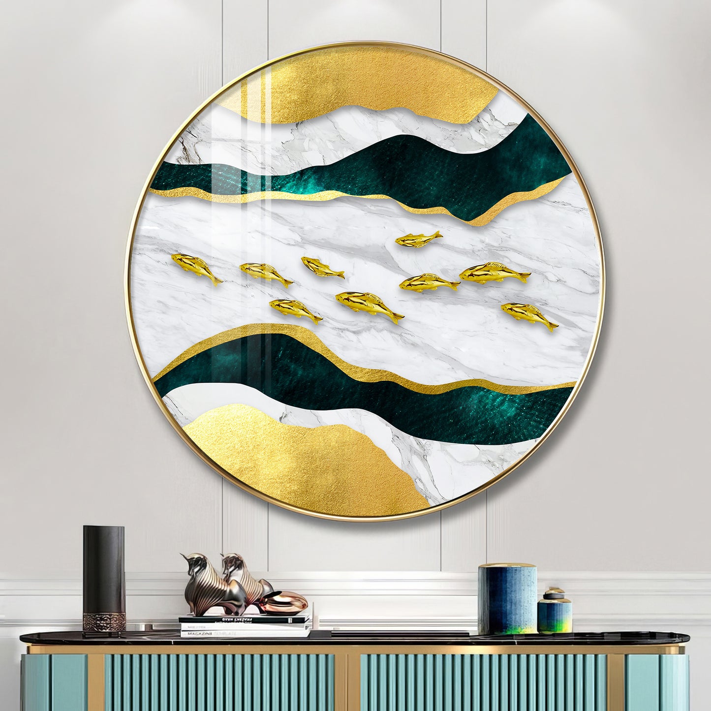 Noir & Gold Fish Premium Acrylic Round Wall Art