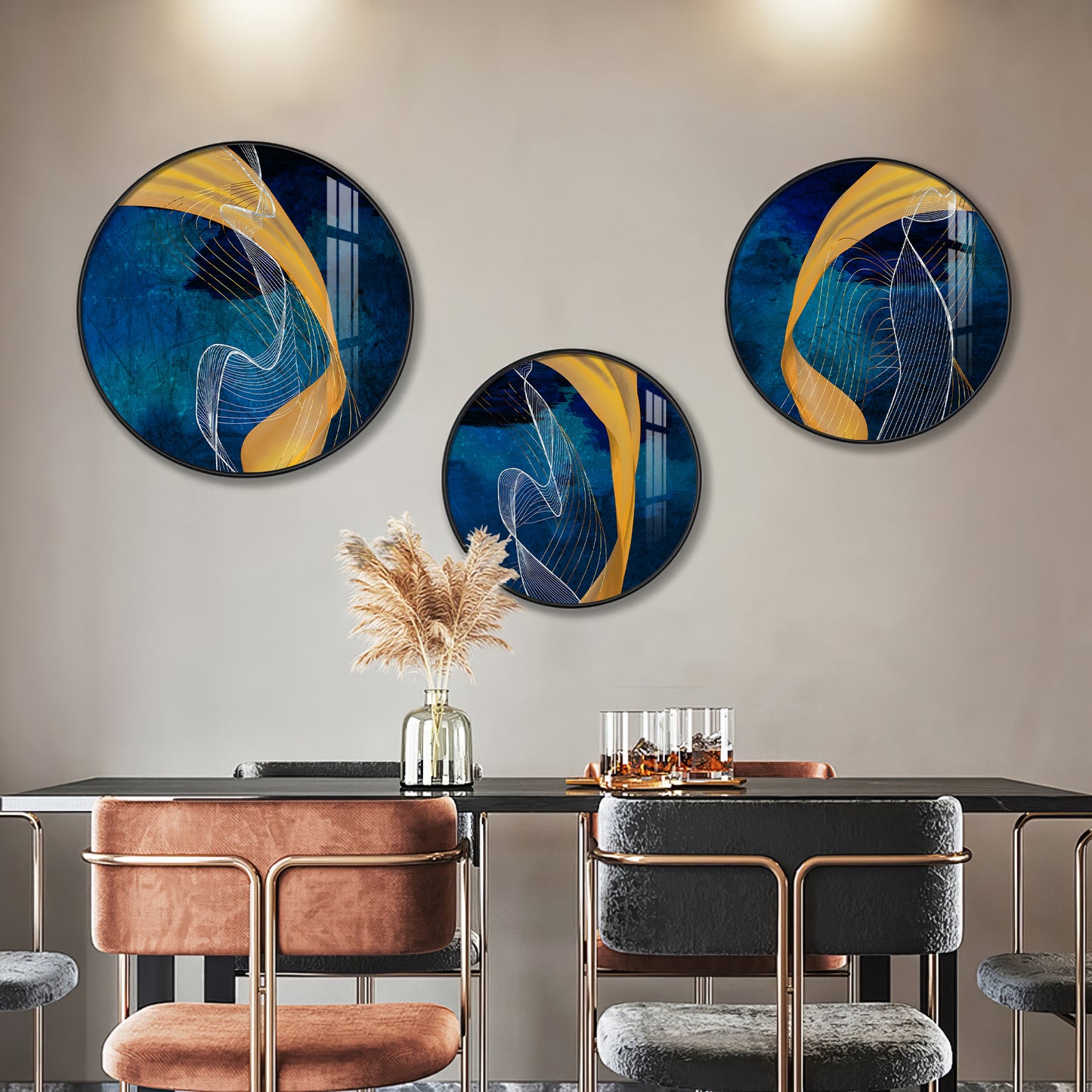 Asatic Waves Premium Acrylic Round Wall Art (Set of 3)