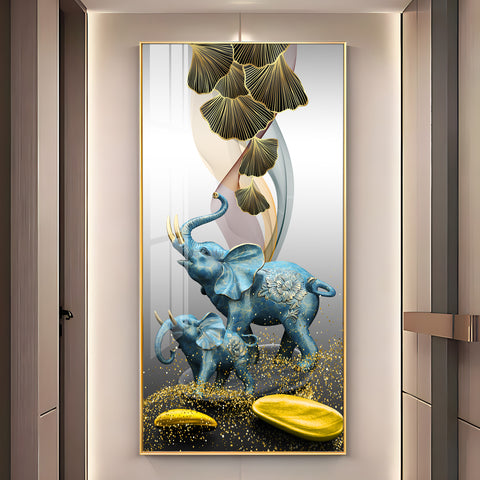Blue Elephant With Golden Tusk Premium Acrylic Vertical Wall Art