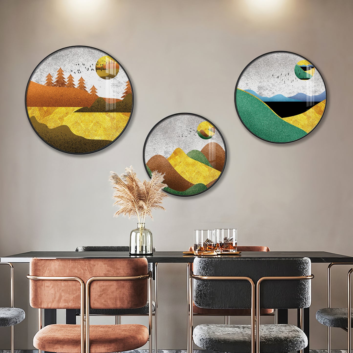 Mountain View Abstract Premium Acrylic Round Wall Art (Set of 3)