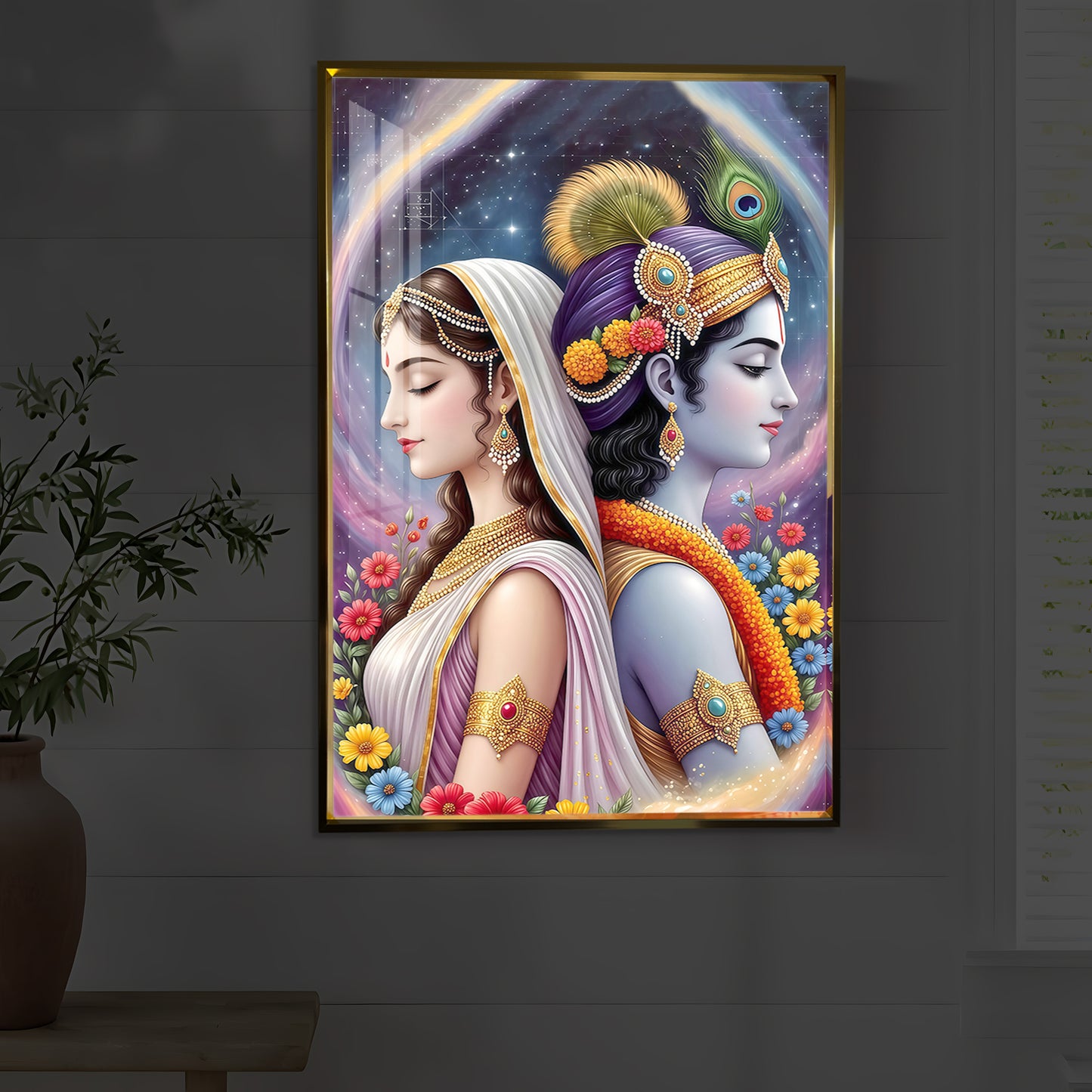 Lord Sri Radhe Krishna Modern Luxury Backlight Vertical Wall Art