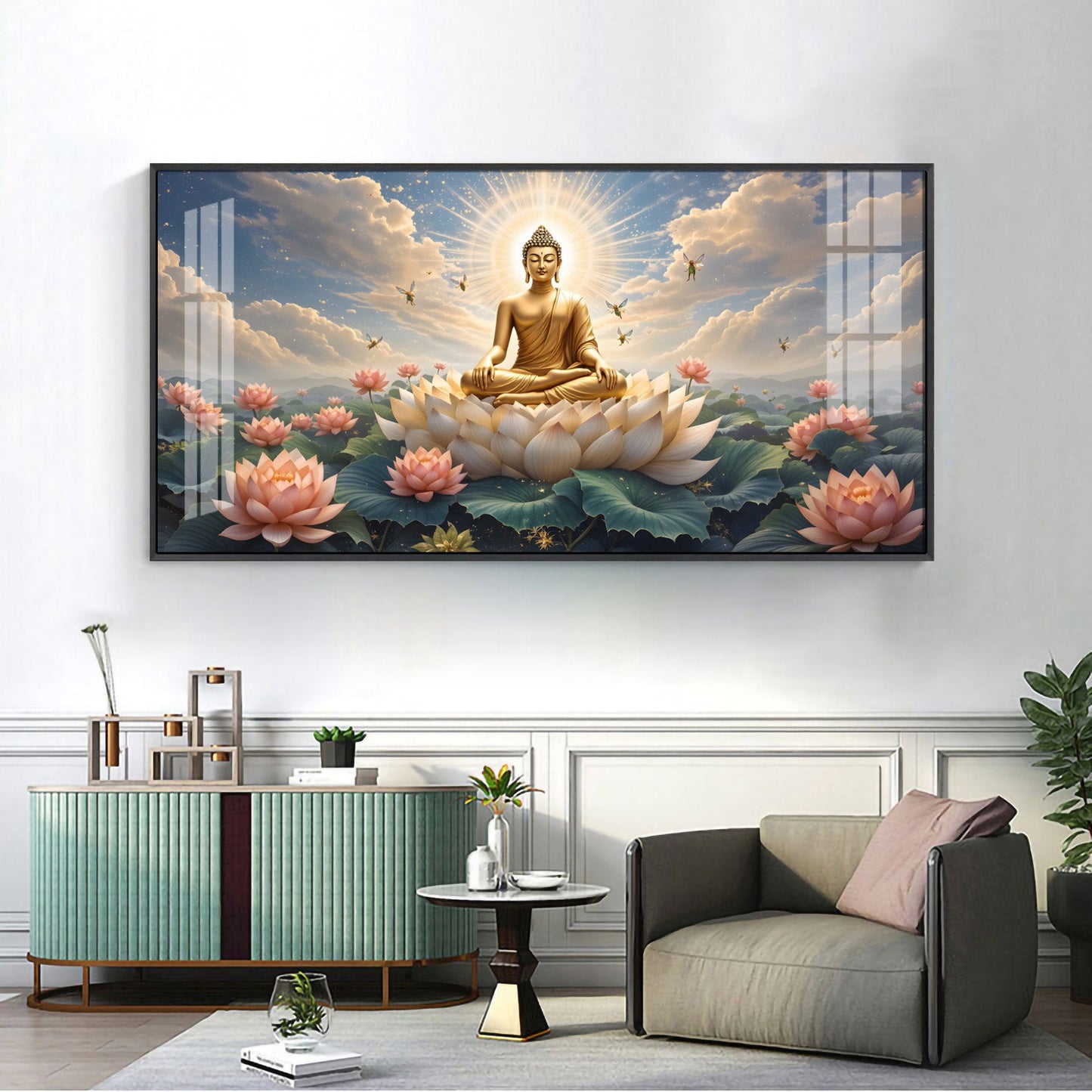 Peaceful Buddha On Lotus Premium Acrylic Horizontal Wall Art - 40X20 inches / Gold