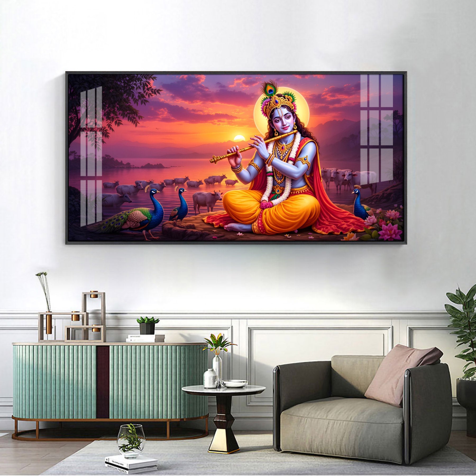Lord Krishna Playing Flute In Sunset Premium Acrylic Horizontal Wall Art