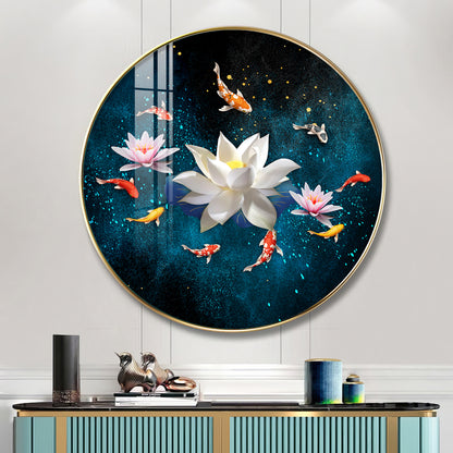 Lotus and Fish Premium Acrylic Round Wall Art