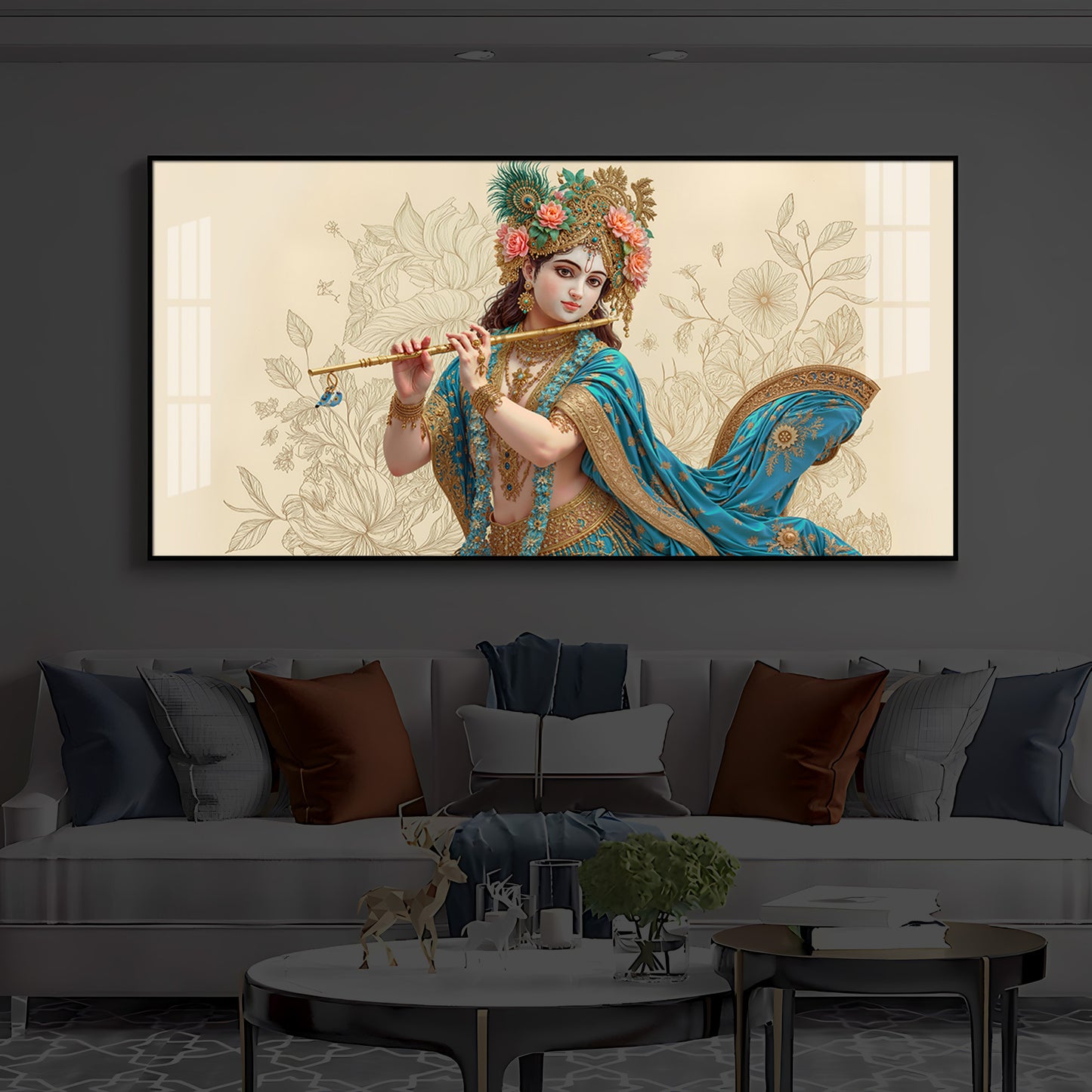 Beautiful Krishna Ji Modern Luxury Backlight Horizontal Wall Art