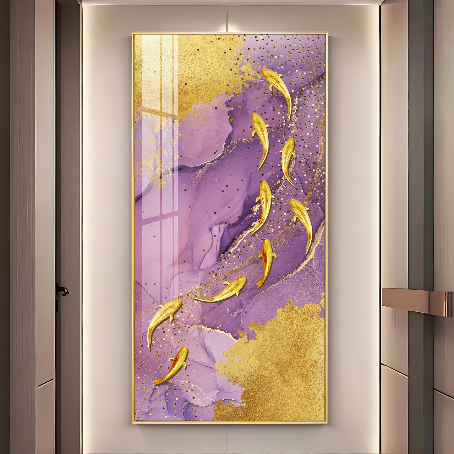 Purple Textured Golden Fish Premium Acrylic Vertical Wall Art