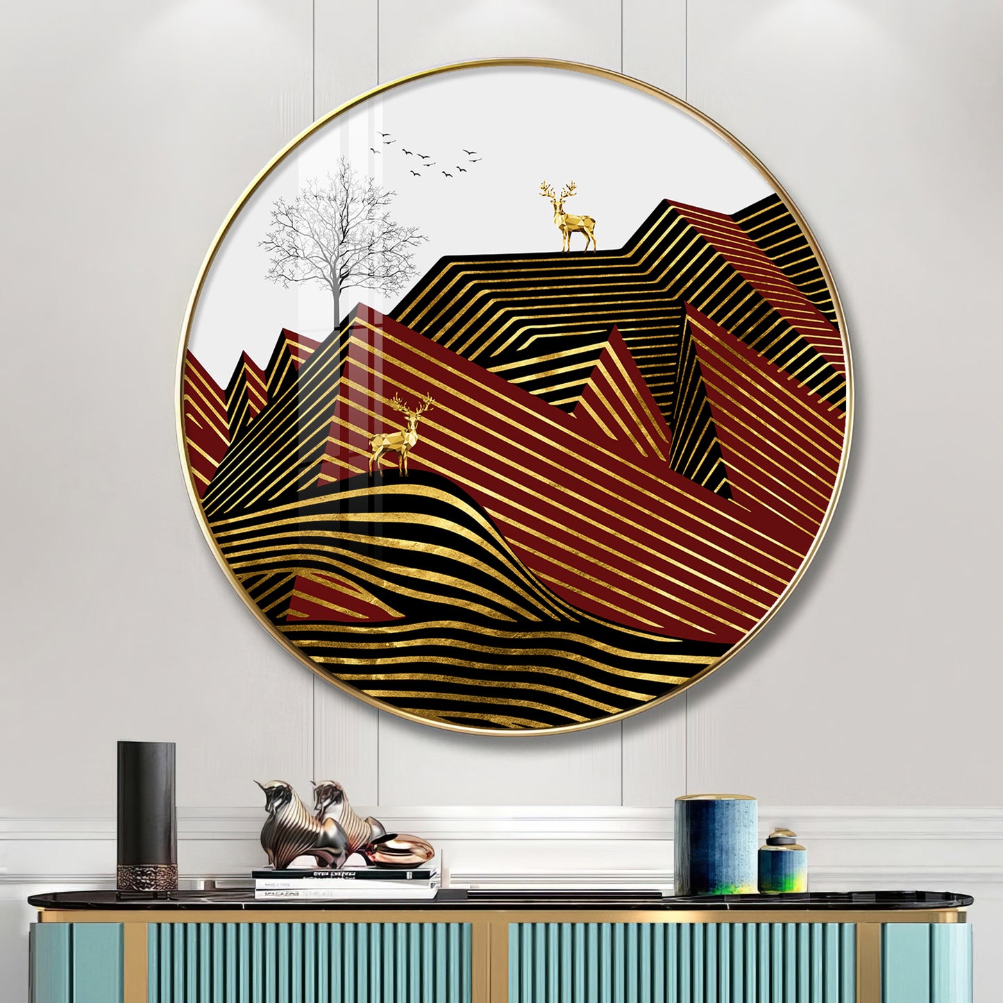 Deer and Mountain Premium Acrylic Round Wall Art