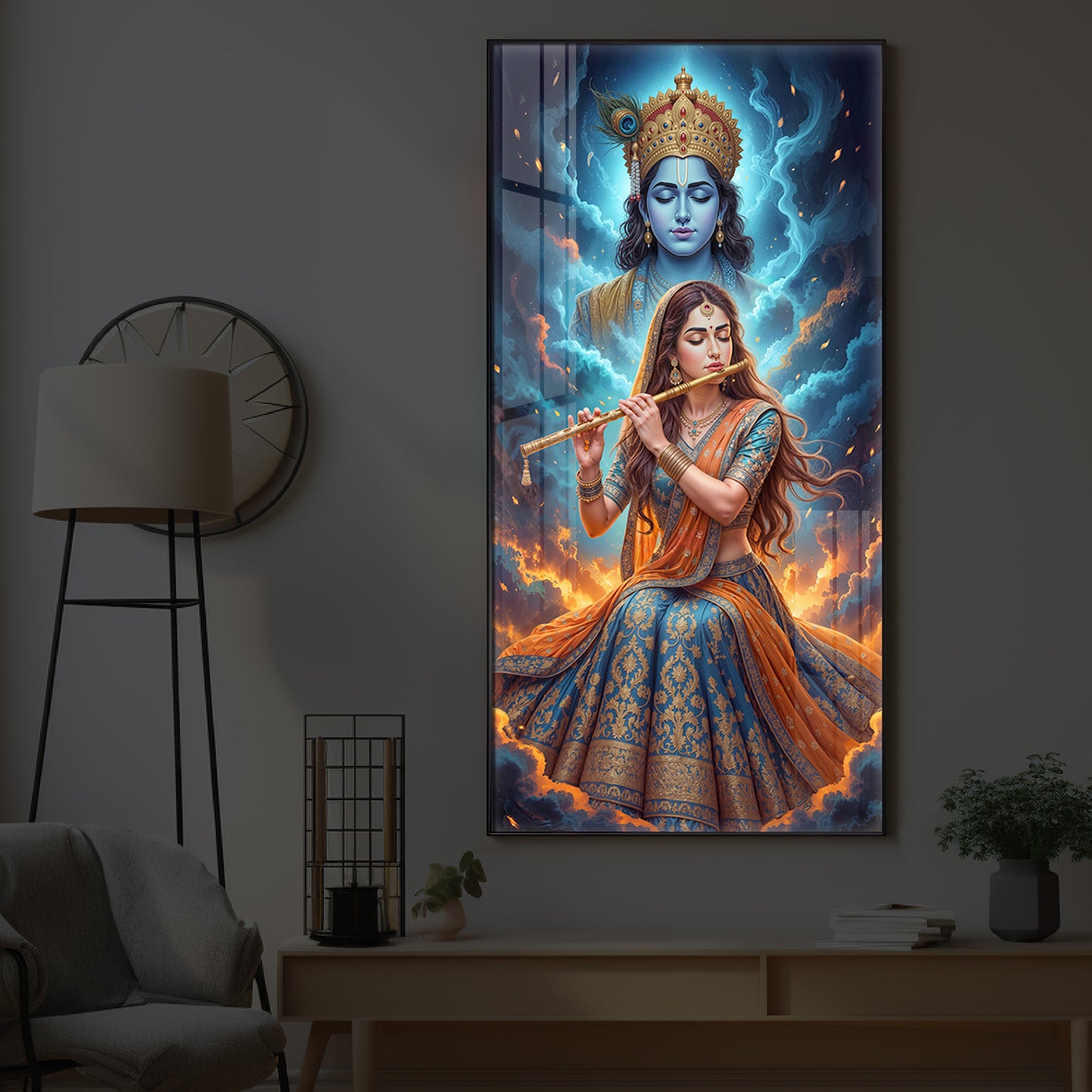 Radhe Krishna Colorful Modern Luxury Backlight Vertical Wall Art