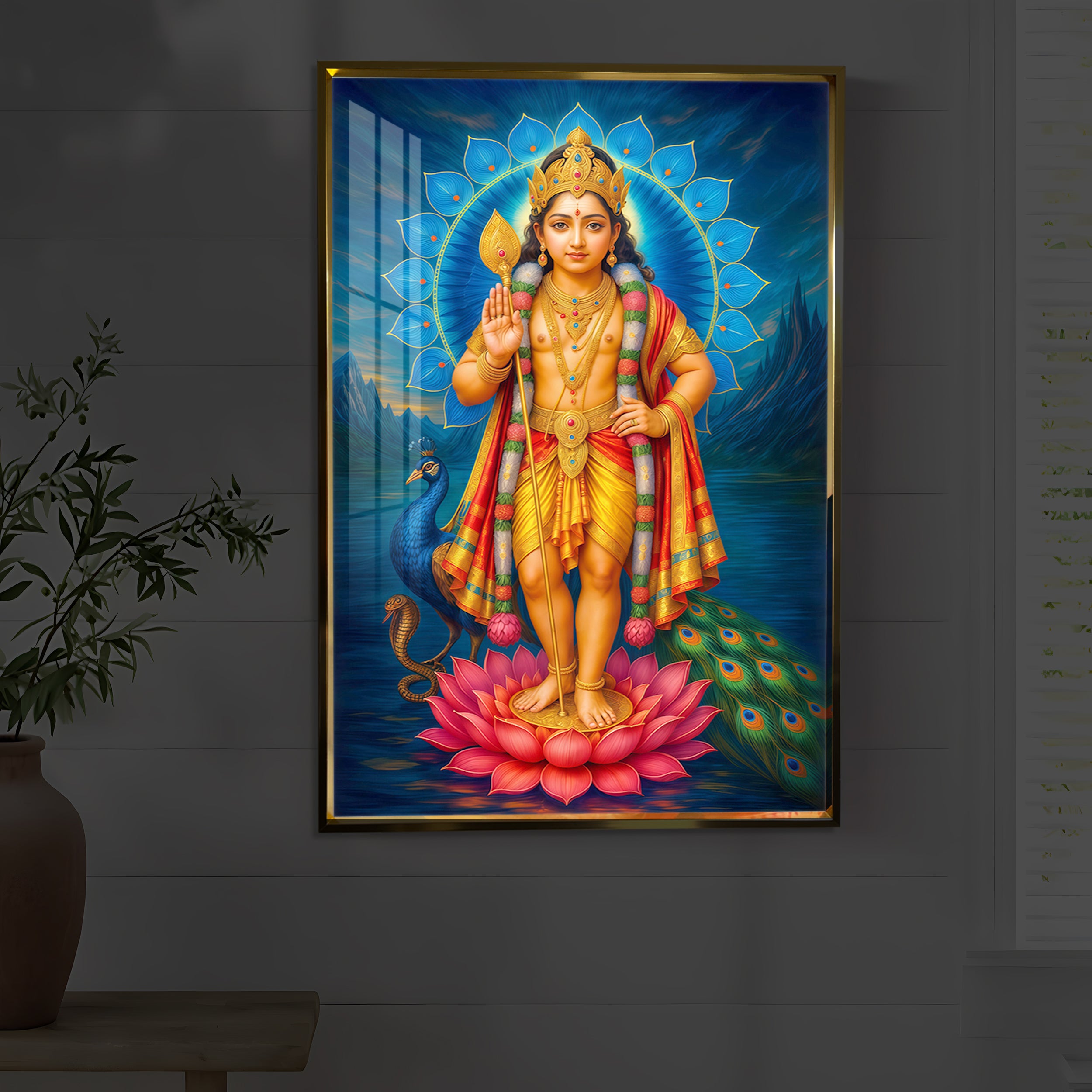 Sri Murugan Ji Modern Luxury Backlight Vertical Wall Art